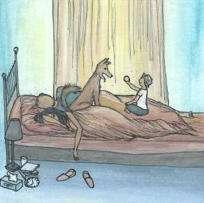 dessin d'un garçon et son chien dans la chambre