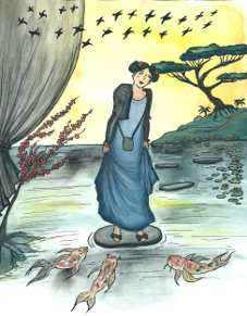 dessin d'une femme dans un jardin japonais