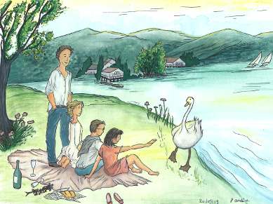 dessin d'un pique-nique au bord d'un lac