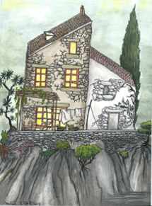 dessin d'une maison au bord d'une falaise