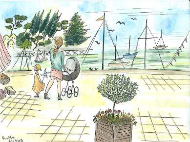 dessin d'une femme poussant un landeau sur le port